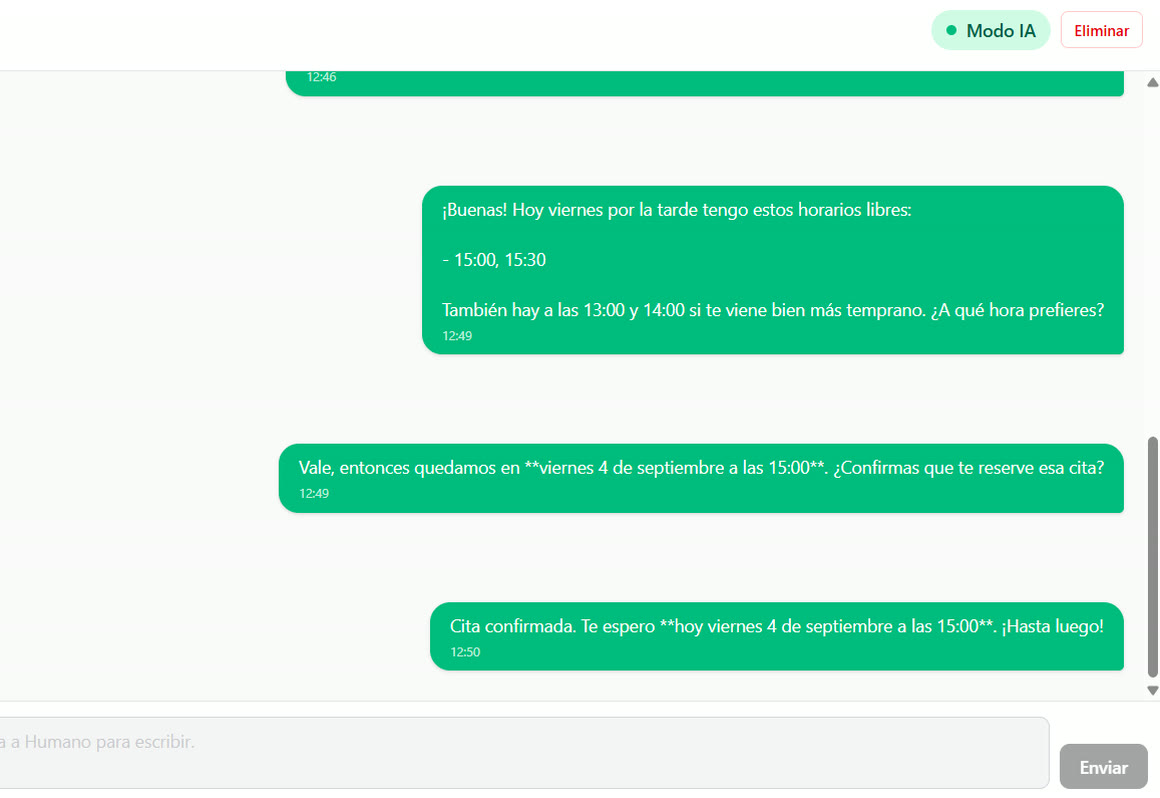 Conversación de WhatsApp en la que el agente de VANTIS.IA ofrece horarios libres y confirma una cita