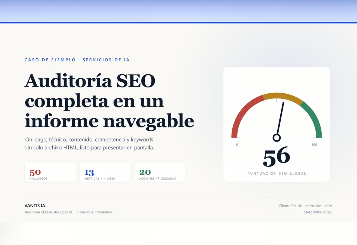 Portada de una auditoría SEO de VANTIS.IA, con la puntuación global en un indicador de aguja